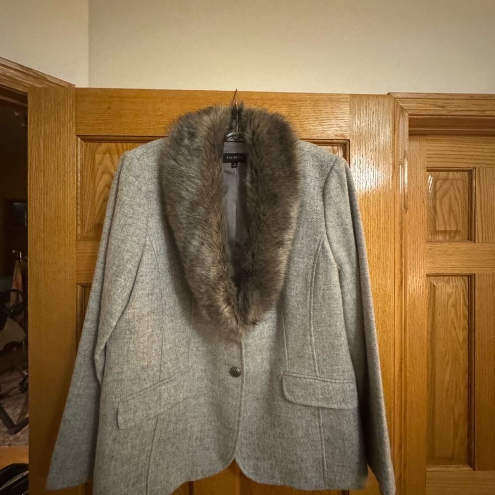 Talbots Gray Blazer with Removable Faux Fur Collar